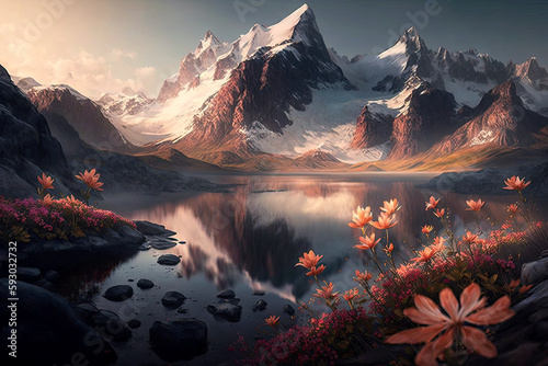 Generative AI illustration epic wilderness landscape of dramatic snowcapped mountain range with wild flowers in foreground