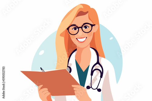 woman doctor holds a medical record and smile on a white background, vector flat illustration, Medical concept, Health сare сoncept