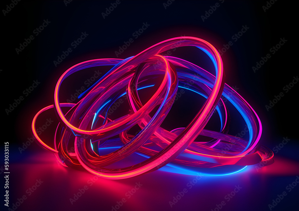 Abstract background of colorful neon loops, red blue violet, modern ultraviolet wallpaper.