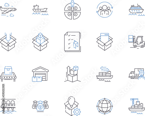 Logistic business outline icons collection. Logistics, Business, Shipping, Delivery, Cargo, Transport, Fleet vector and illustration concept set. Freight, Warehouse, Planning linear signs