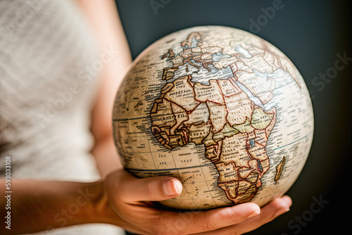 a person holding a small globe in their right hand, with the world map on it's left side. Generative AI