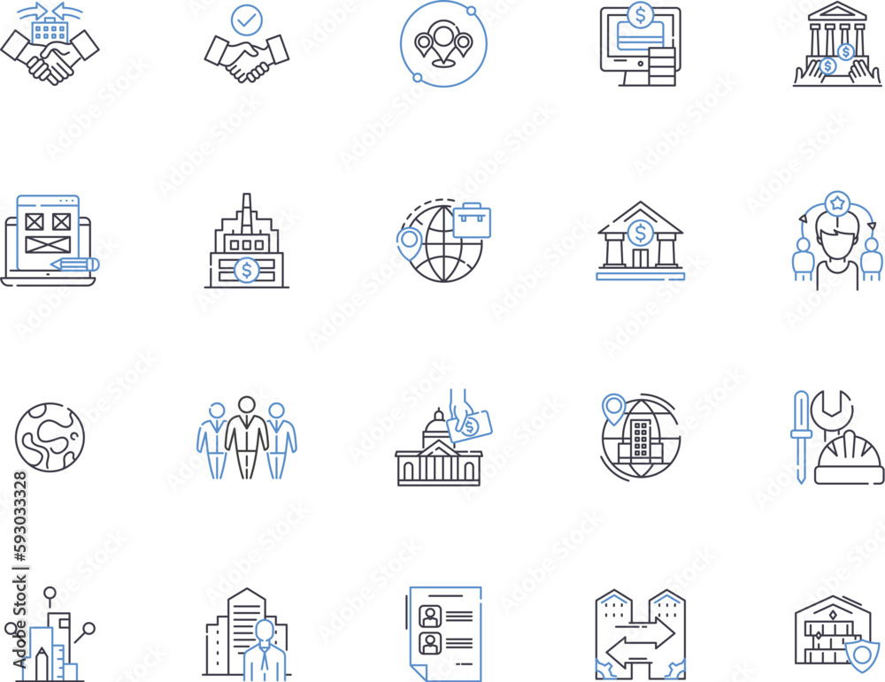 Government outline icons collection. Authority, Legislation, Bureaucracy, Democracy, Regulation, Rule, Security vector and illustration concept set. Economics, Politics, Law linear signs