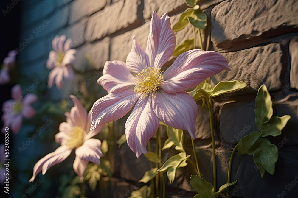 Clematis flowers grown on a stone wall created with Generative AI technology Clematis flowers grown on a stone wall created with Generative AI technology