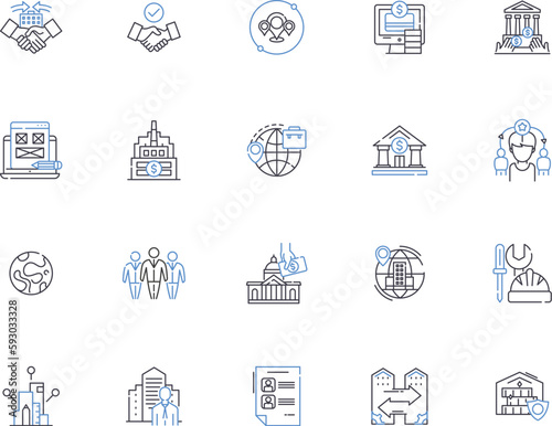 Government outline icons collection. Authority, Legislation, Bureaucracy, Democracy, Regulation, Rule, Security vector and illustration concept set. Economics, Politics, Law linear signs