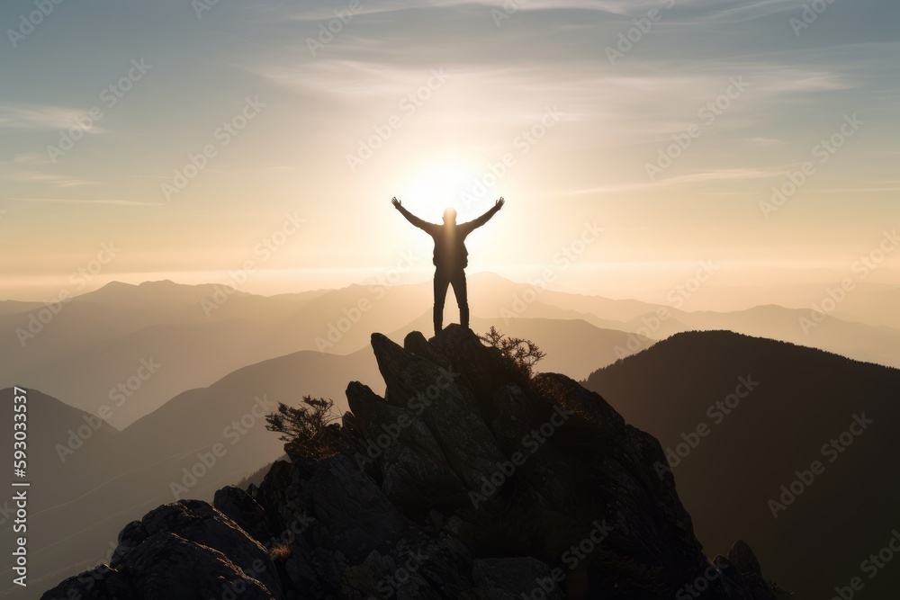 Conceptual image of a person standing at the top of a mountain, arms raised in triumph. Generative AI