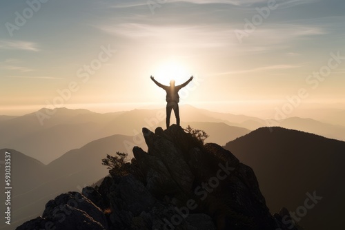 Conceptual image of a person standing at the top of a mountain  arms raised in triumph. Generative AI