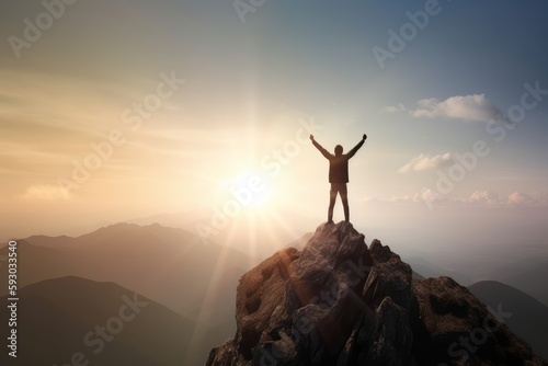Conceptual image of a person standing at the top of a mountain, arms raised in triumph. Generative AI