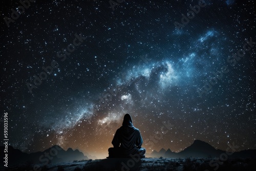 Silhouette of muslim man praying at night with starry sky