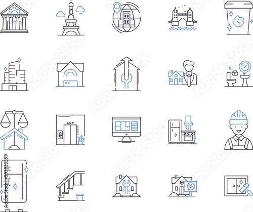 Housekeeping outline icons collection. cleaning, laundry, dusting, vacuuming, mopping, scrubbing, tidying vector and illustration concept set. organizing, polishing, sweeping linear signs