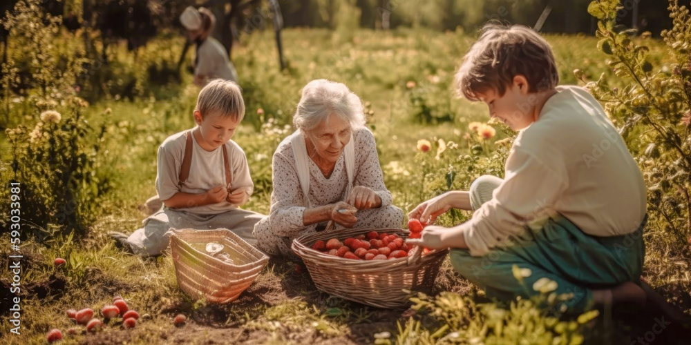 Erdbeeren Pflücken mit der Familie Erdbeerfeld Illustration Digital Art Generative AI Hintergrund Background Erdbeeren Pflücken mit der Familie Erdbeerfeld Illustration Digital Art Generative AI Hintergrund Background