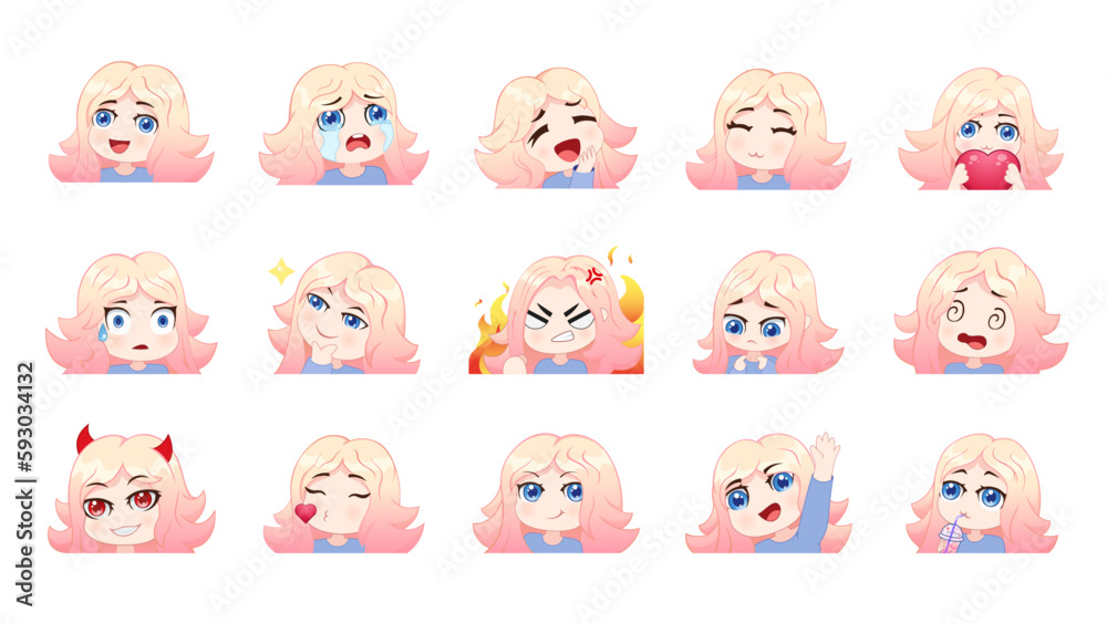 Young girl with different facial expressions set. Vector illustration. Young girl with different facial expressions set. Vector illustration.