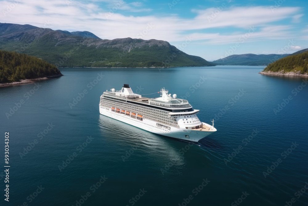 Large cruise ship in fjords. Tourism vacation and summer traveling. Luxury liner ship in beautiful landscape with mountains. Created with Generative AI