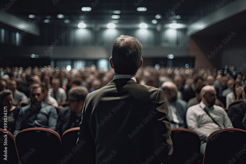 Fototapeta premium Back view of public speaker giving talk in conference hall at business event. Person makes speech in front of public. Created with Generative AI