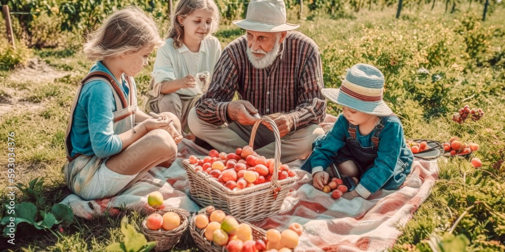 Erdbeeren Pflücken mit der Familie Erdbeerfeld Illustration Digital Art Generative AI Hintergrund Background Erdbeeren Pflücken mit der Familie Erdbeerfeld Illustration Digital Art Generative AI Hintergrund Background