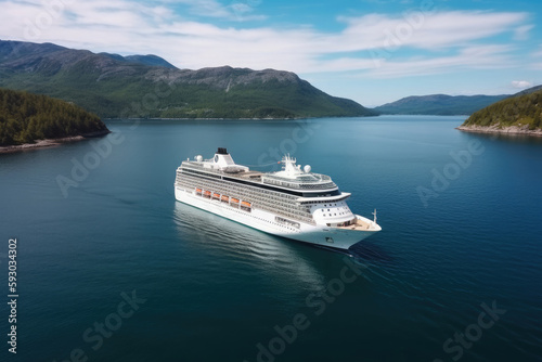 Large cruise ship in fjords. Tourism vacation and summer traveling. Luxury liner ship in beautiful landscape with mountains. Created with Generative AI © Lazy_Bear