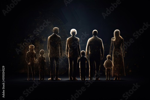 Different generations of family stand together against dark abstract background. Genealogical history of generations, preservation of the memory of relatives. Created with Generative AI