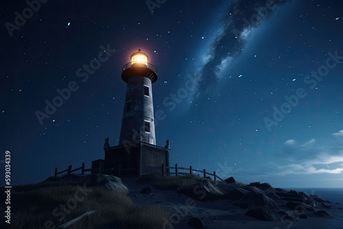 Lighthouse with beam glowing in the dark against background of starry sky. Navigation for ships at sea. Created with Generative AI
