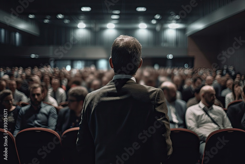 Back view of public speaker giving talk in conference hall at business event. Person makes speech in front of public. Created with Generative AI