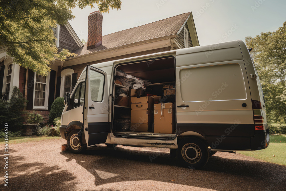Open cargo van with cardboard boxes, moving into new house. Mover company service. Created with Generative AI