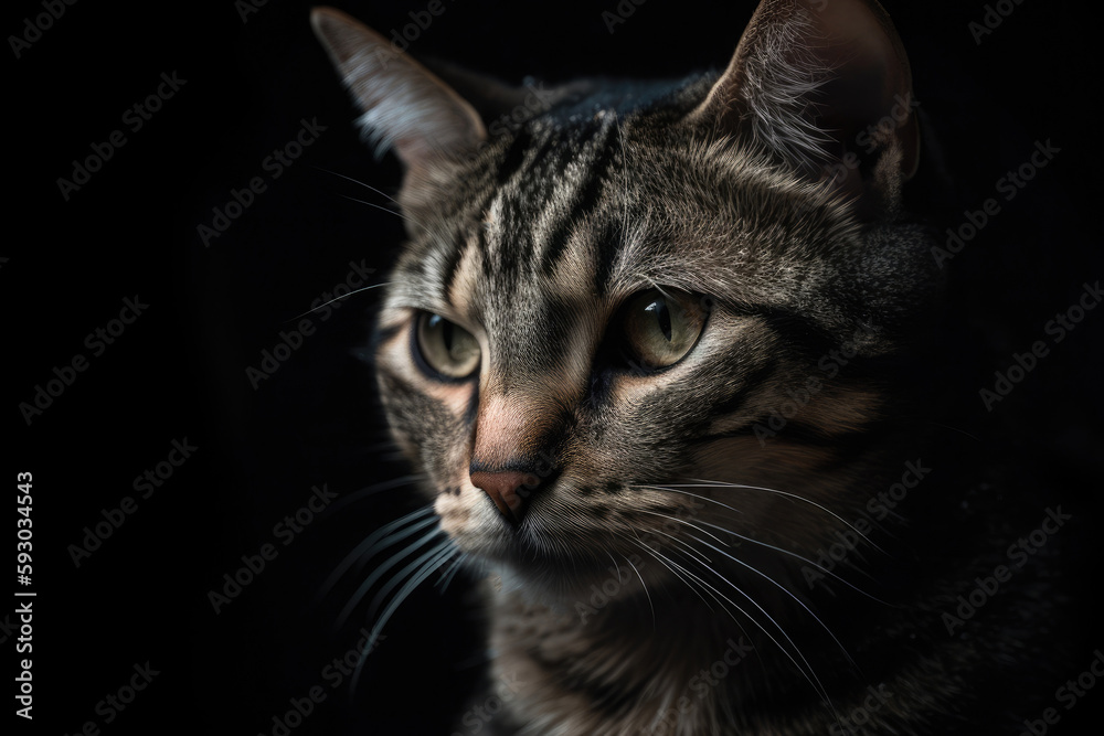 Gray cat portrait on dark background. Cute pet. Created with Generative AI