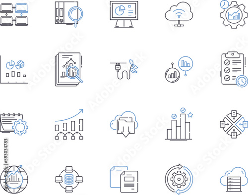 Data and computer outline icons collection. Data, Computer, Analysis, Science, Networking, Technology, Storage vector and illustration concept set. Processing, Programming, Security linear signs