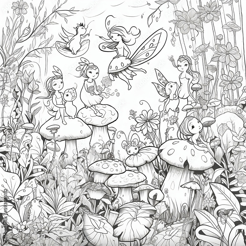 Coloring pages of an enchanted garden, black and white, generative Al