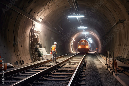 the inside of a tunnel with train tracks and construction workers on either side, looking towards the entrance into the tunnel. Female Site Supervisor Overseeing Construction Crew - Generative AI