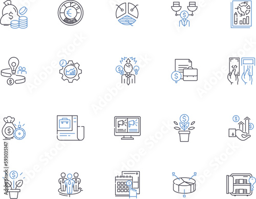 Finance, banking outline icons collection. Banking, Finance, Investment, Loans, Mortgage, Credit, Shares vector and illustration concept set. Equities, Budgeting, Taxation linear signs