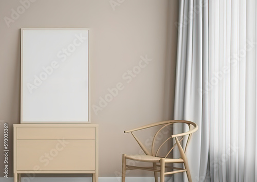 Mock up poster frame in modern beige home interior. Generative AI