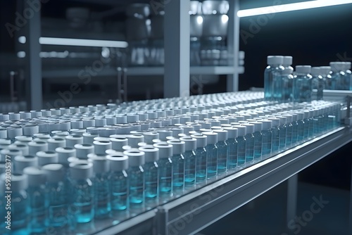 Pharmaceutical manufacture background with glass bottles on production line. COVID-19 mRNA vaccine production platform. © Skrotaa