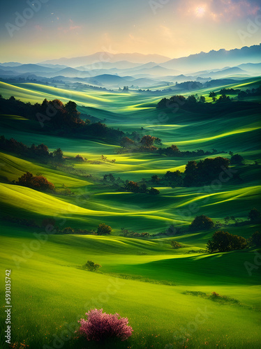 Green field landscape. AI generated illustration
