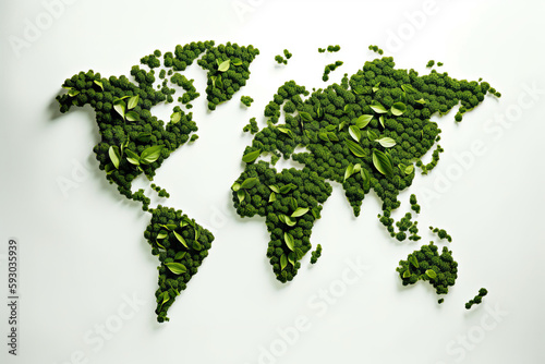 the world map made out of peas and pea leaves, as seen from above on a white background stock photo. Generative AI