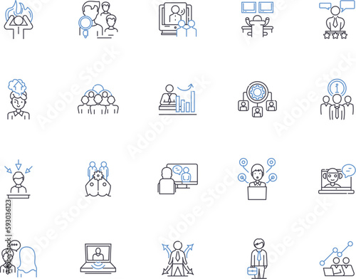 Broker outline icons collection. Broker, Negotiator, Facilitator, Intermediary, Mediator, Arbitrator, Counselor vector and illustration concept set. Agent, Trader, Facilitator linear signs