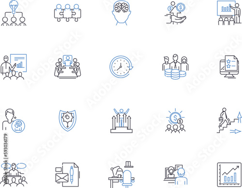 Management outline icons collection. Organizing, Planning, Controlling, Leading, Staffing, Directing, Financing vector and illustration concept set. Regulating, Co-ordinating, Scheduling linear signs