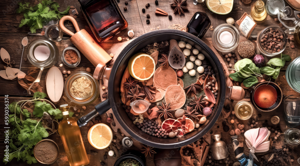Cooking pot and various organic ingredients were combined to create a dish - generative ai. Cooking pot and various organic ingredients were combined to create a dish - generative ai.