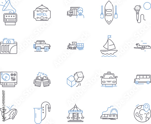 Travelingand vacation outline icons collection. Holiday, Touring, Escapade, Exploring, Excursion, Outing, Trekking vector and illustration concept set. Trip, Getaway, Voyage linear signs