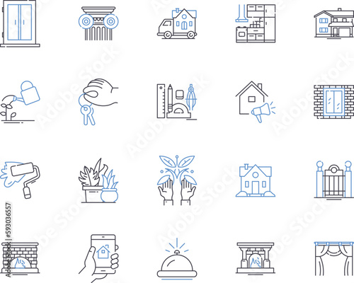 Remodeling and renovation outline icons collection. Remodelling, Renovation, Refurbishment, Reconstruction, Redesign, Restoration, Updating vector and illustration concept set. Modernizing