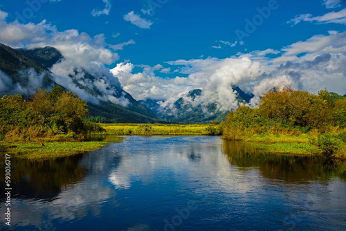 Sunny day Mountain lake, snow-capped peaks, light clouds in the blue sky, the forest on the horizon, green  grass and bushes on the bank of the lake