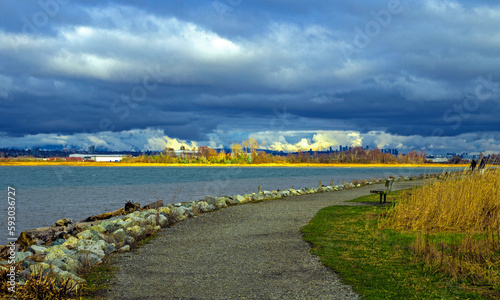 Walking path along the  River an the River Bank of Fraser River, Vancouver Airport on the opposite bank of the river, residential areas of Vancouver City on the horizon against a cloudy sky photo