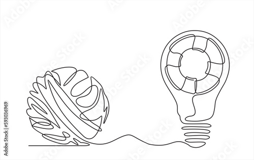 Chaos and light bulb with lifebuoy inside one line concept vector illustration. Metaphor of disorganized difficult problem, mess with black single continuous tangle thread in need of unraveling 