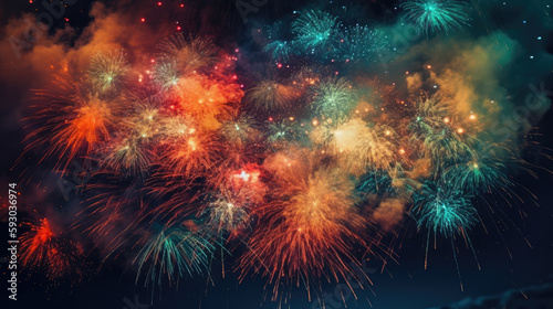 Celebration multicolored fireworks  copy space. 4 of July  4th of July  Independence Day beautiful fireworks. Canada Day holidays salute. New Year celebration colorful fireworks.