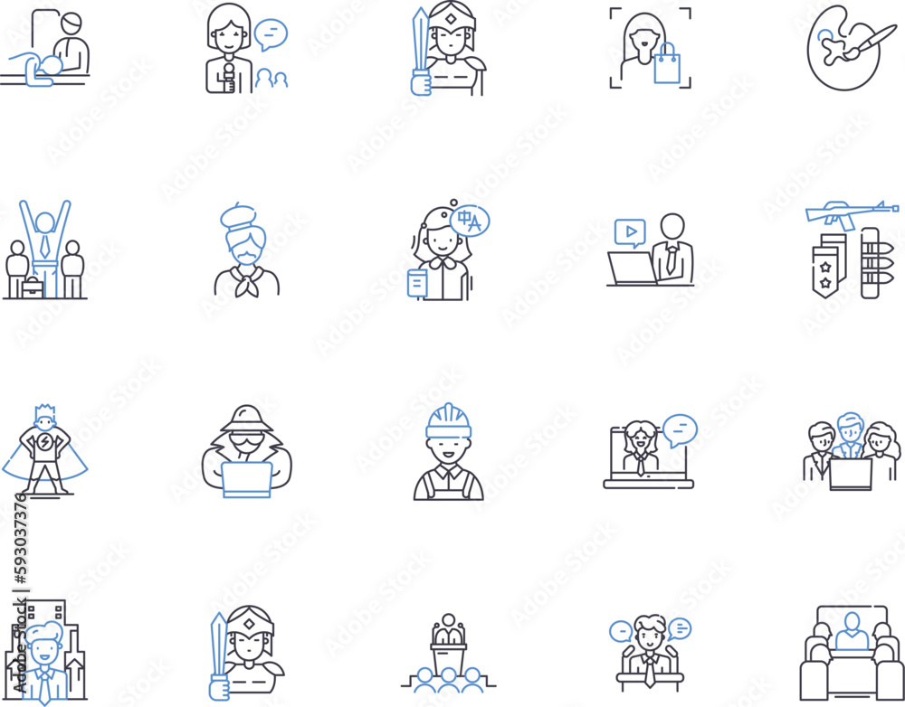 Professions outline icons collection. Doctor, Lawyer, Teacher, Engineer, Pilot, Musician, Chef vector and illustration concept set. Dentist, Actor, Artist linear signs