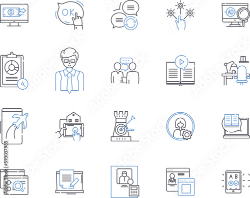 Search engine marketing outline icons collection. Search, engine, marketing, SEO, PPC, SEM, AdWords vector and illustration concept set. optimization, visibility, rankings linear signs
