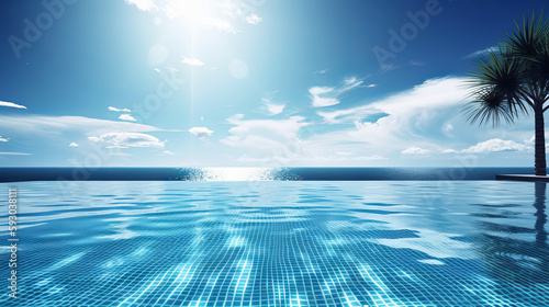 Empty swimming pool in tropical resort in summer background. Generative AI illustration © colnihko