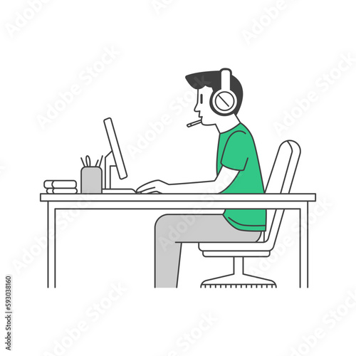 Digital customer experience and engagement. Male avatar of the call center agent. Modern line art design. Vector illustration.