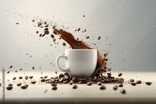 Coffee beans and coffee powder Fly out of a white cup, 3d illustration isolated on white. Generative AI