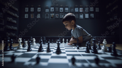 Young 5 year old boy chess prodigy inspecting a chess board as big as the floor - Generative AI