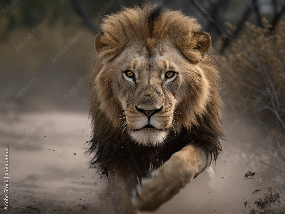 Naklejka premium Great male lion with majestic mane walking towards camera on dusty ground in africa - Generative AI