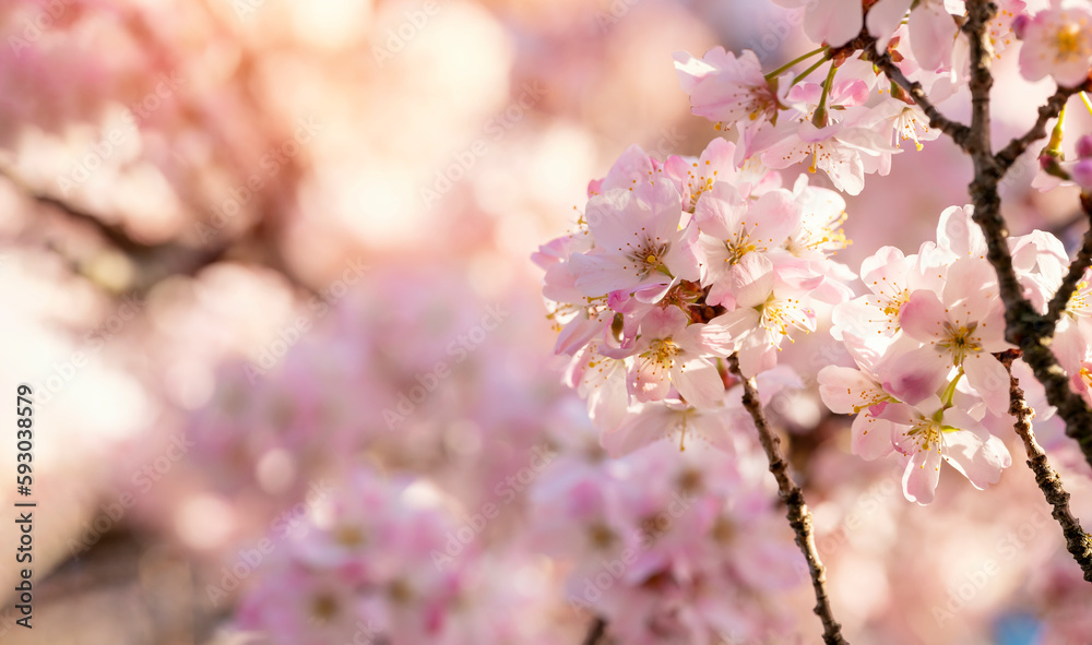 Closeup of Pink Cherry blossom in a spring warm day. Beautiful nature scene with blooming tree and sun flare. Spring flowers. Beautiful Orchard. Springtime Space for tex