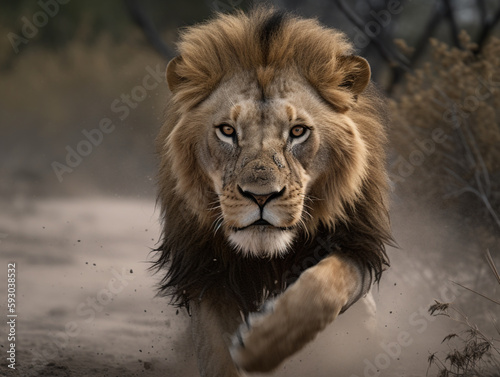 Great male lion with majestic mane walking towards camera on dusty ground in africa - Generative AI